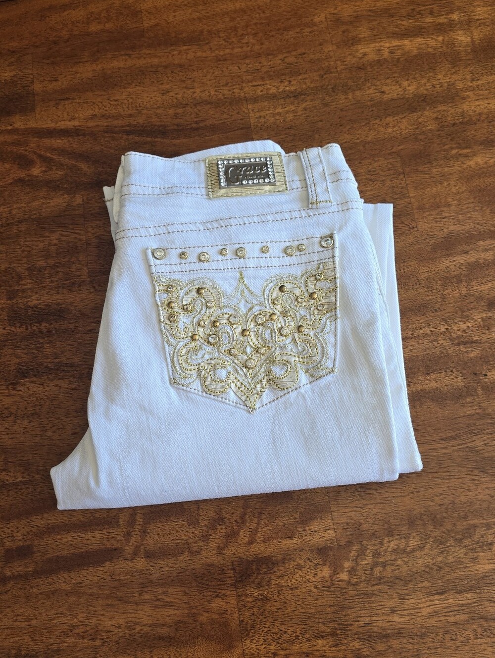 Grace In LA White Skinny Jeans with Gold Embellished Back Pocket
